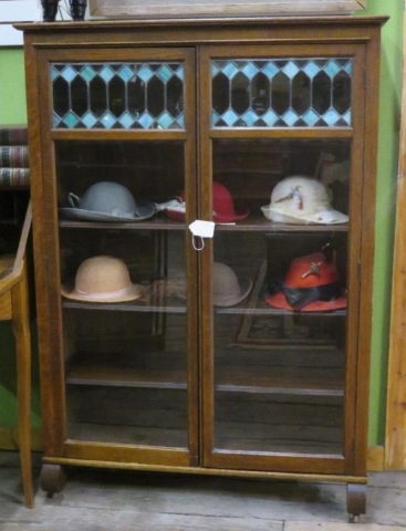 Arts & Crafts-style Oak Bookcase with Leaded-Glass