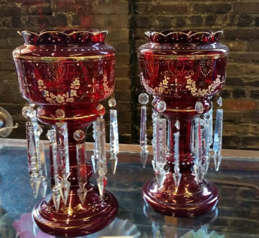 Victorian ruby red glass lustre candle holders