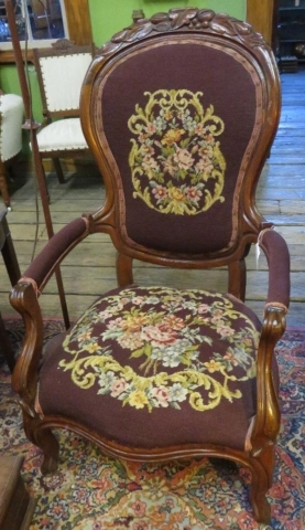Victorian walnut parlor chair with needlepoint upholstery